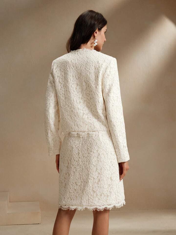 CM-SS777212 Women Elegant Seoul Style Round Neck Long Sleeve Lace Coat With A-Line Skirt - Set