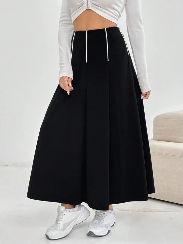 CM-BS762763 Women Casual Seoul Style High Waist Colorblock Striped A-Line Skirt - Black