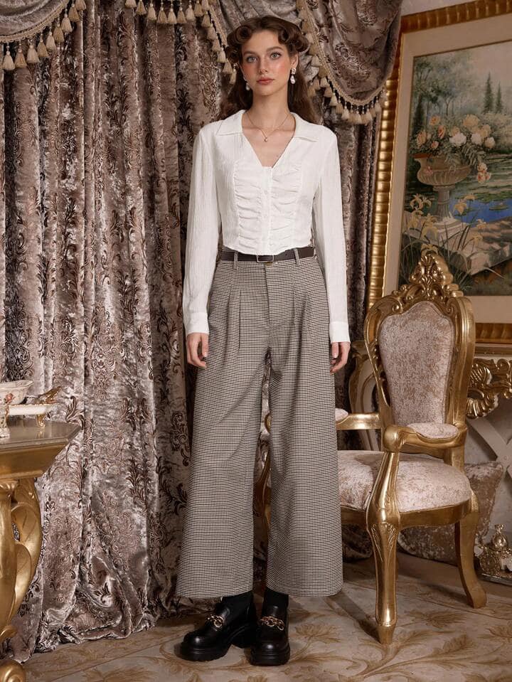 CM-BS368084 Women Casual Seoul Style Pleated Waist Vintage Plaid Wide Leg Pants - Khaki