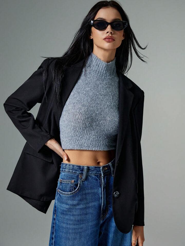 CM-CS671426 Women Casual Seoul Style Lapel Single Button Oversized Blazer - Black