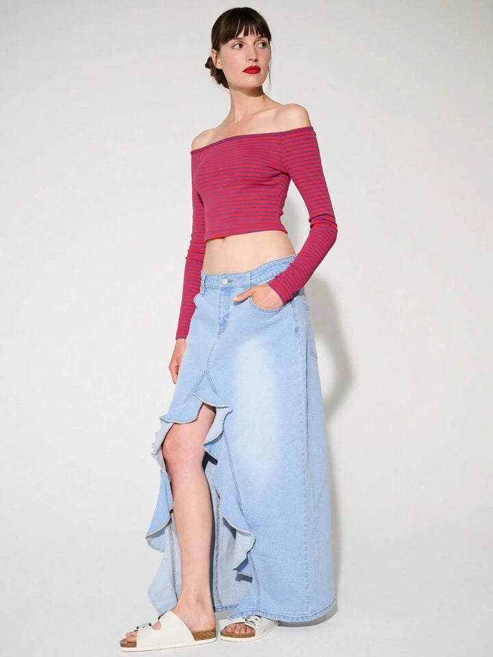 CM-BS091661 Women Casual Seoul Style Ultra Low Waist Ruffled Slit Stretch Denim Maxi Skirt - Blue