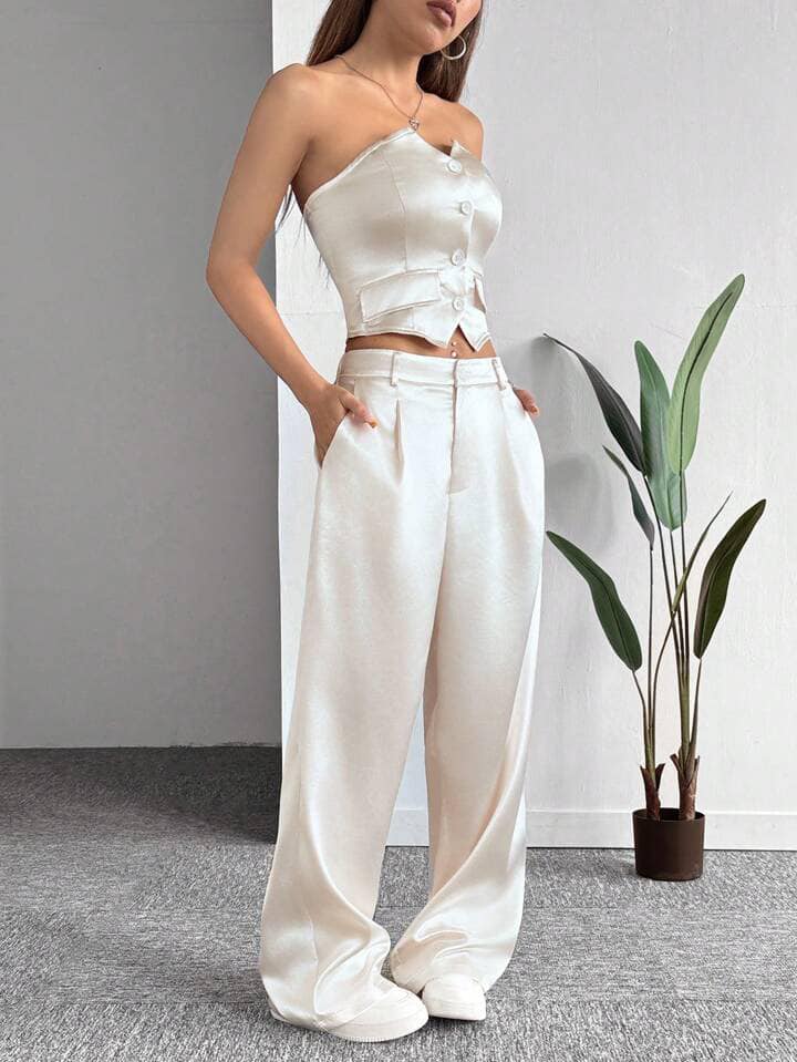 CM-SS047541 Women Elegant Seoul Style Single Breasted Sleeveless Top With Pocket Cargo Pants - Set