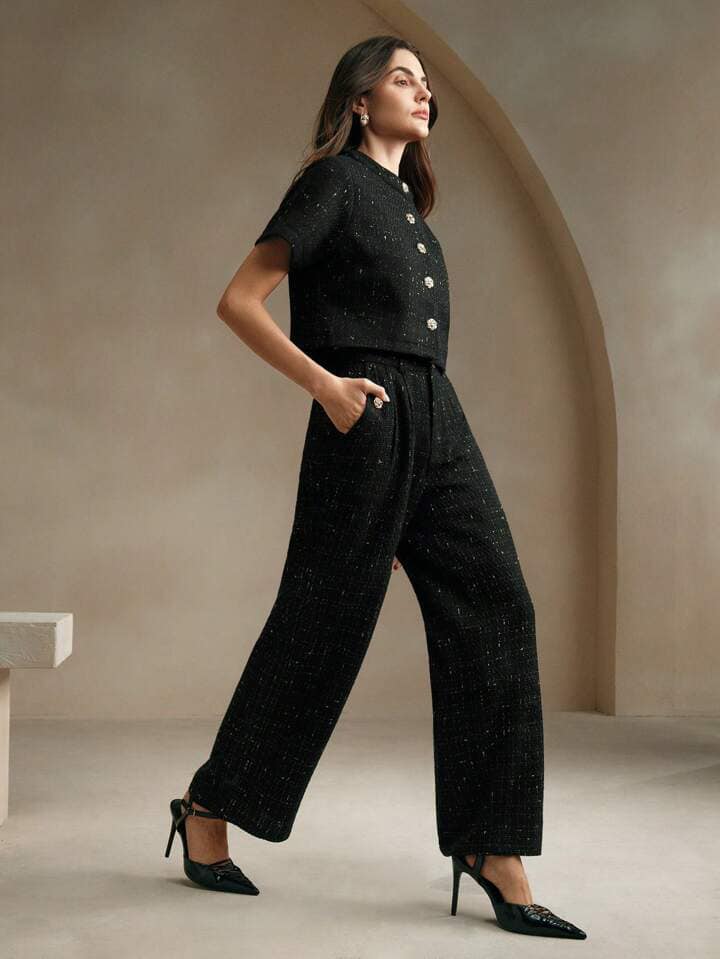 CM-SS052813 Women Elegant Seoul Style Tweed Short Sleeve Jacket With Long Pants Suit - Black