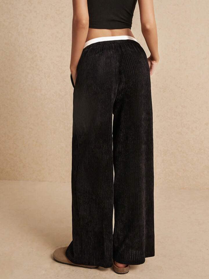 CM-BS353658 Women Casual Seoul Style Drawstring Splicing Corduroy Wide-Leg Pants - Black