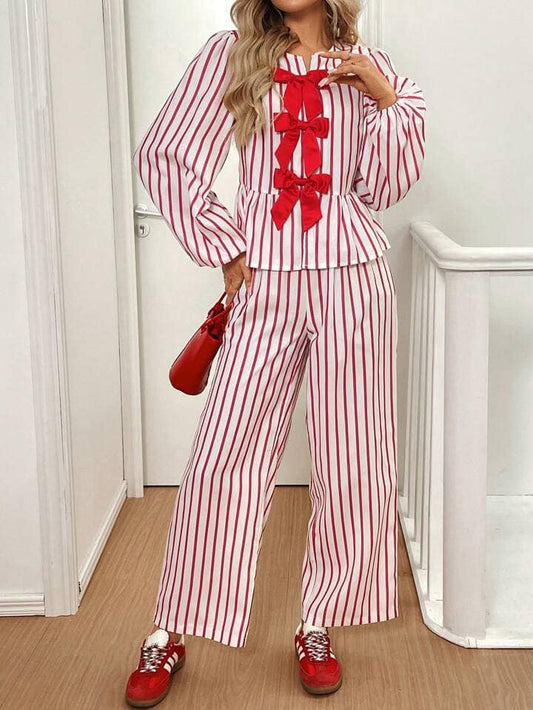 CM-SS085754 Women Trendy Bohemian Style Striped Bow Decor Lantern Sleeve Shirt With Wide-Leg Pants - Set