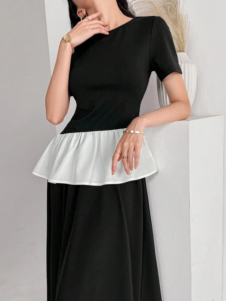 CM-SS255489 Women Casual Seoul Style Crew Neck Short Sleeve Ruffle Hem Top With Long Maxi Skirt - Set