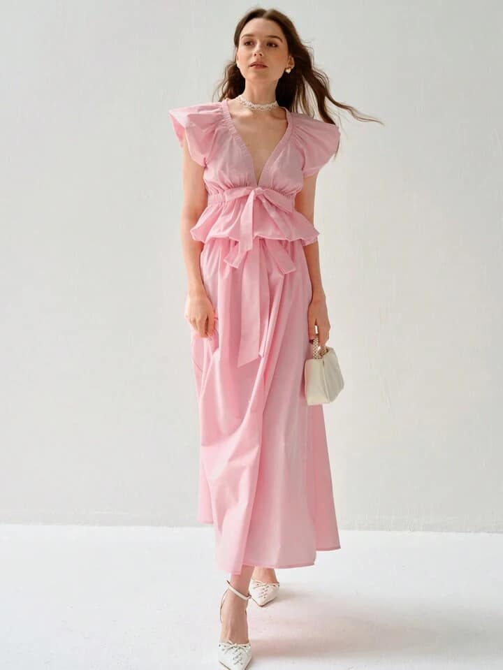 CM-SS599053 Women Elegant Seoul Style Deep V-Neck Short Sleeve Ruffle Blouse With Long Skirt - Set