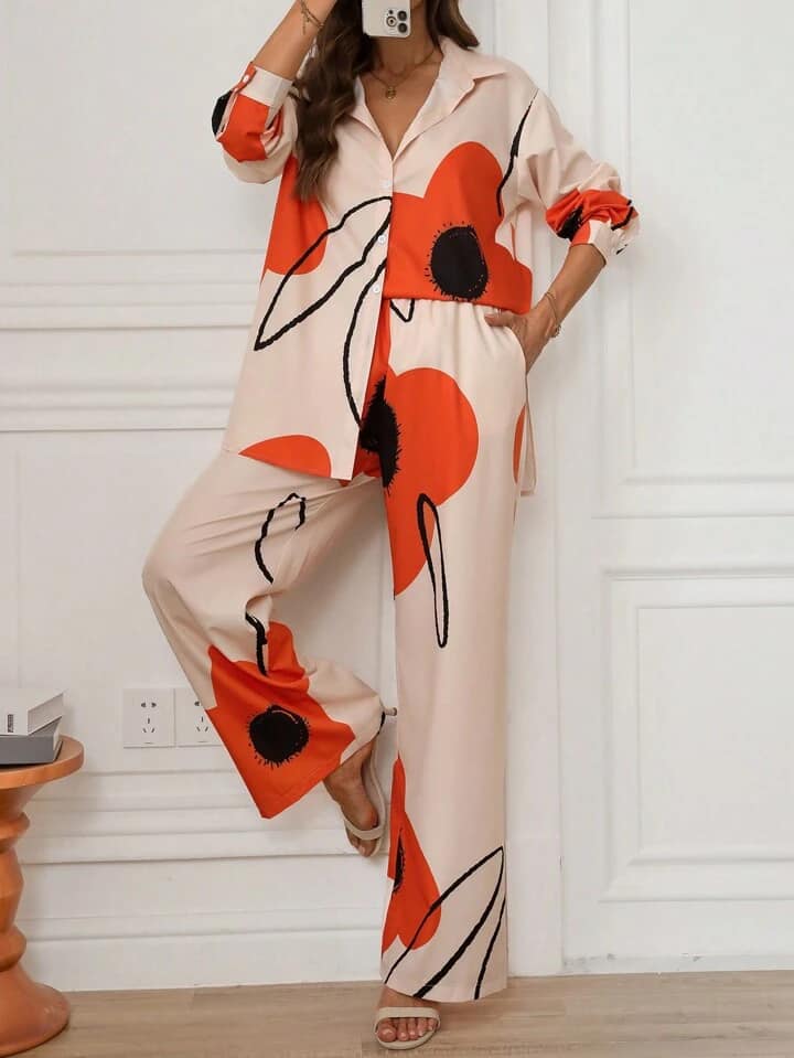 CM-SS937107 Women Casual Seoul Style Long Sleeve Blouse With Floral Print Pants - Set