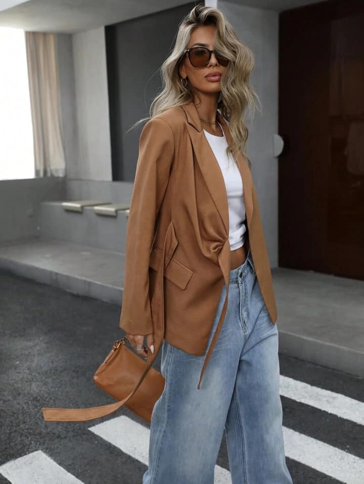 CM-CS867626 Women Elegant European Style Cinched Cinched Waist Front Blazer - Brown