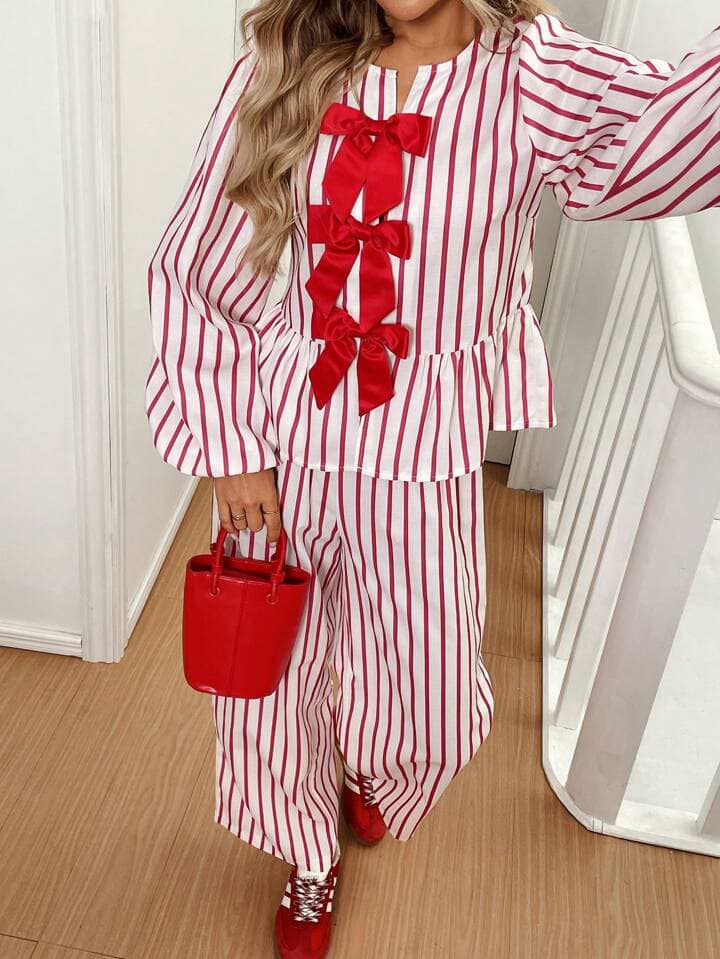 CM-SS085754 Women Trendy Bohemian Style Striped Bow Decor Lantern Sleeve Shirt With Wide-Leg Pants - Set