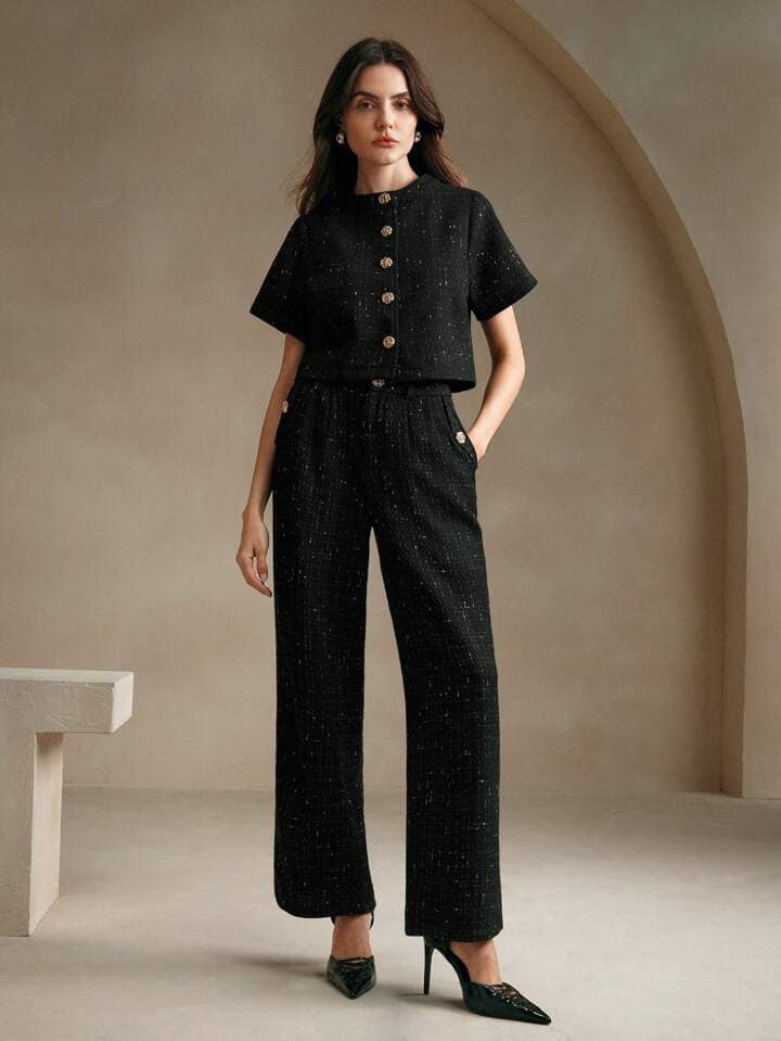 CM-SS052813 Women Elegant Seoul Style Tweed Short Sleeve Jacket With Long Pants Suit - Black