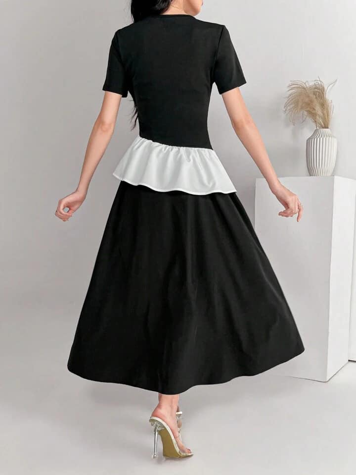 CM-SS255489 Women Casual Seoul Style Crew Neck Short Sleeve Ruffle Hem Top With Long Maxi Skirt - Set