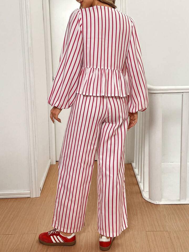 CM-SS085754 Women Trendy Bohemian Style Striped Bow Decor Lantern Sleeve Shirt With Wide-Leg Pants - Set