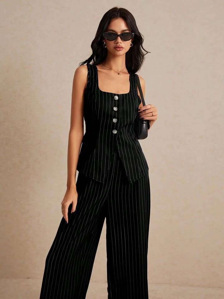 CM-SS649896 Women Elegant Seoul Style Striped Sleeveless Tank Top With Long Pants - Set