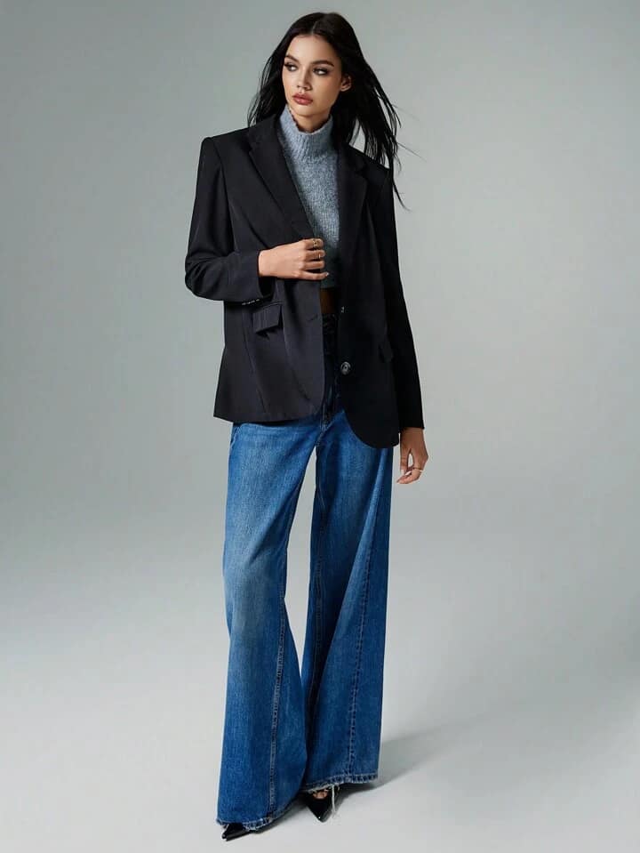 CM-CS671426 Women Casual Seoul Style Lapel Single Button Oversized Blazer - Black