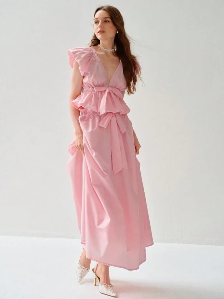 CM-SS599053 Women Elegant Seoul Style Deep V-Neck Short Sleeve Ruffle Blouse With Long Skirt - Set