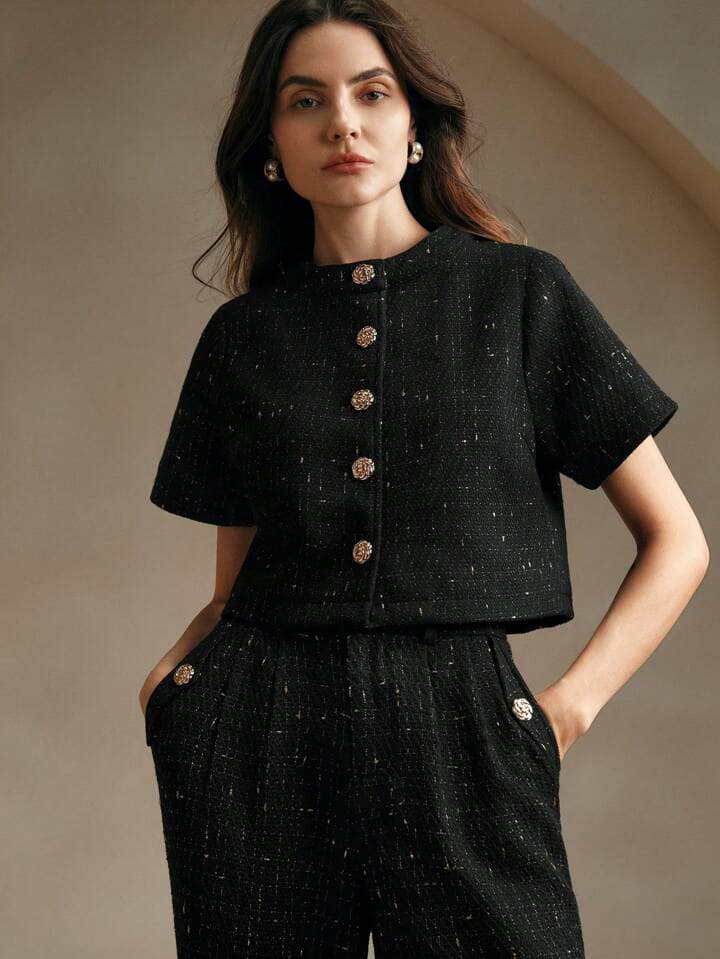 CM-SS052813 Women Elegant Seoul Style Tweed Short Sleeve Jacket With Long Pants Suit - Black