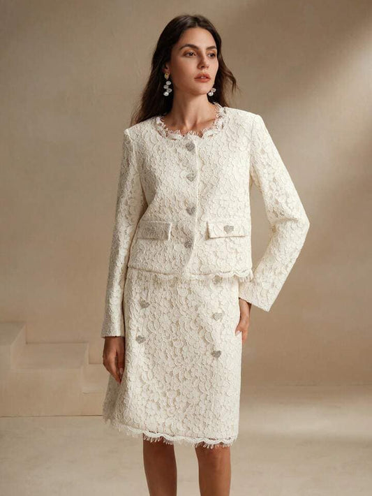 CM-SS777212 Women Elegant Seoul Style Round Neck Long Sleeve Lace Coat With A-Line Skirt - Set