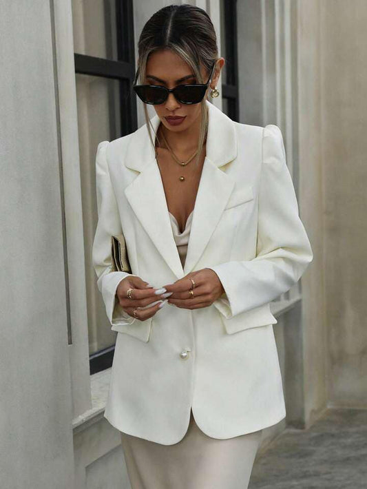 CM-CS977232 Women Casual Seoul Style Pearl Buttoned Puff Sleeve Straight Jacket - White