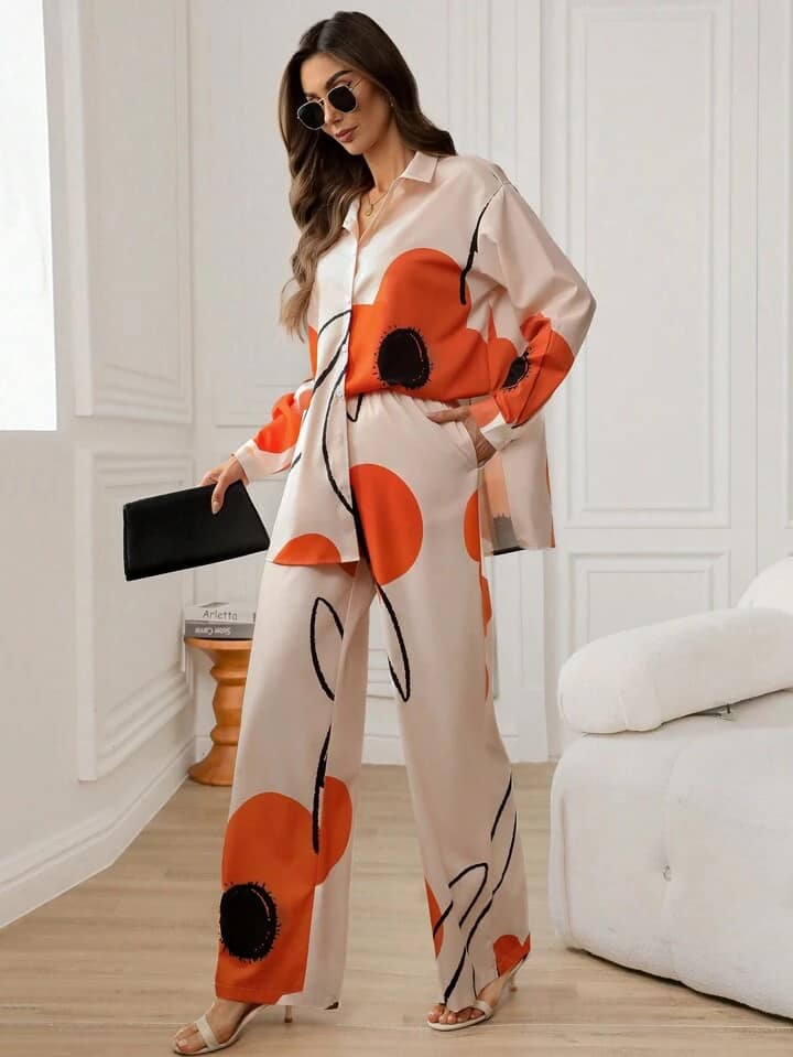 CM-SS937107 Women Casual Seoul Style Long Sleeve Blouse With Floral Print Pants - Set