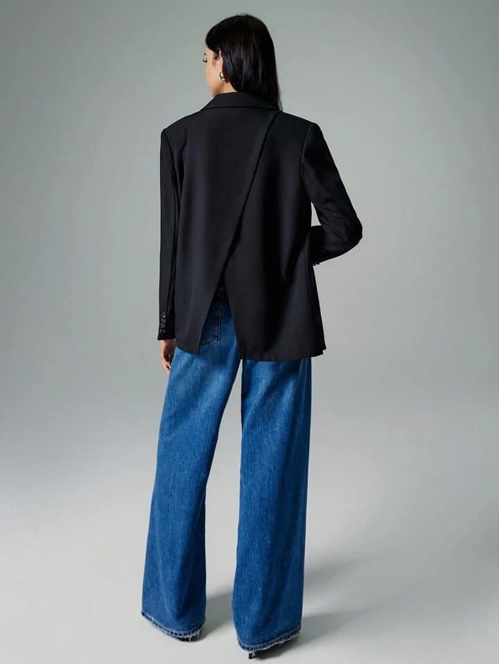 CM-CS671426 Women Casual Seoul Style Lapel Single Button Oversized Blazer - Black