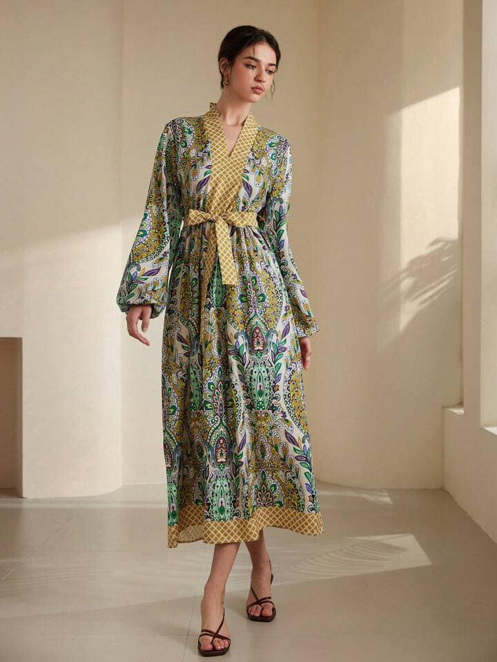 CM-DS234342 Women Trendy Bohemian Style Color-Block Floral Printed V-Neck Puff Sleeve Long Dress