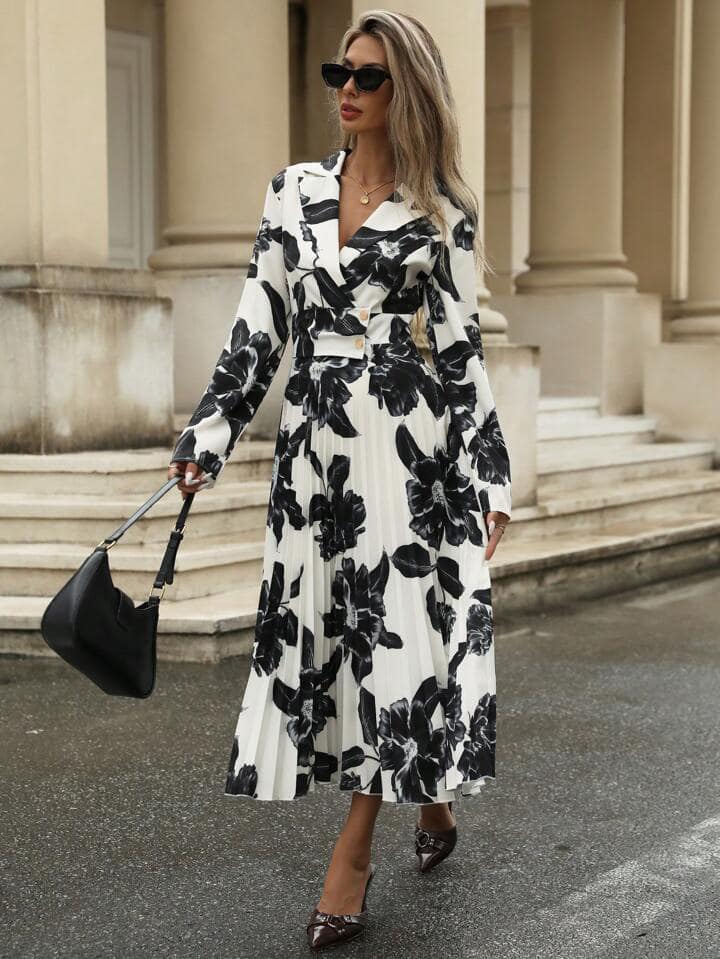 CM-DS184419 Women Casual Seoul Style Random Print Pleated Hem Straight Long Sleeve Dress