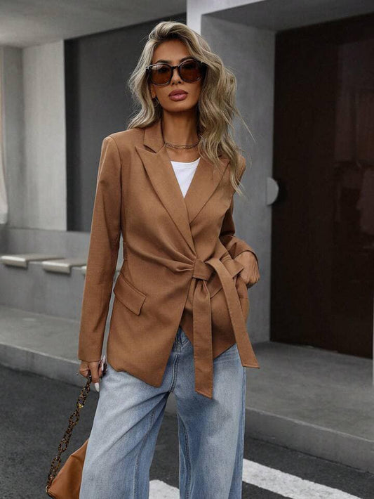 CM-CS867626 Women Elegant European Style Cinched Cinched Waist Front Blazer - Brown