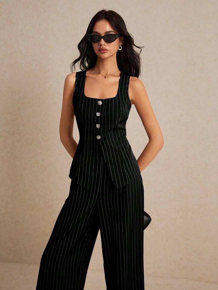 CM-SS649896 Women Elegant Seoul Style Striped Sleeveless Tank Top With Long Pants - Set