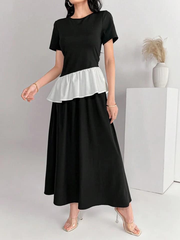 CM-SS255489 Women Casual Seoul Style Crew Neck Short Sleeve Ruffle Hem Top With Long Maxi Skirt - Set