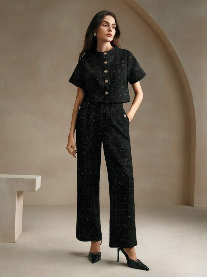 CM-SS052813 Women Elegant Seoul Style Tweed Short Sleeve Jacket With Long Pants Suit - Black