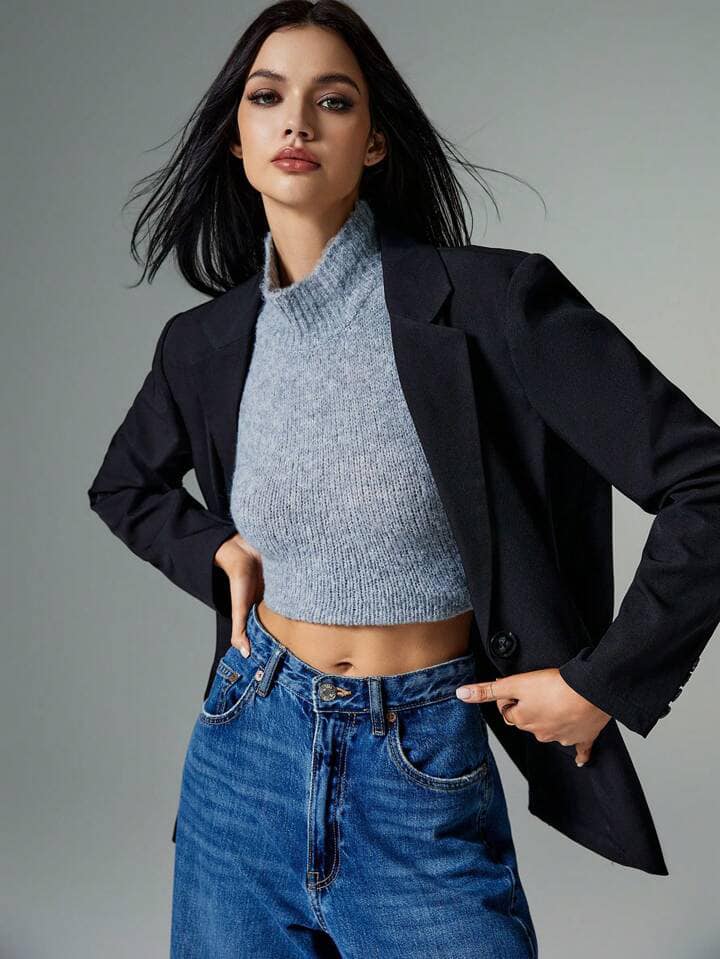 CM-CS671426 Women Casual Seoul Style Lapel Single Button Oversized Blazer - Black