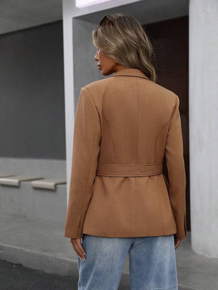 CM-CS867626 Women Elegant European Style Cinched Cinched Waist Front Blazer - Brown