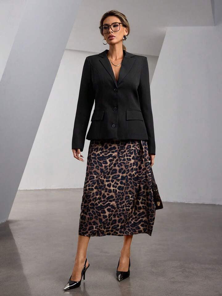 CM-CS498557 Women Casual Seoul Style Lapel Neckline Fitted Flared Hem Long Blazer Jacket