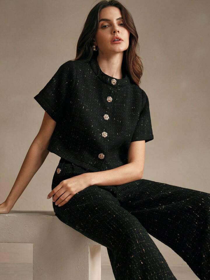 CM-SS052813 Women Elegant Seoul Style Tweed Short Sleeve Jacket With Long Pants Suit - Black