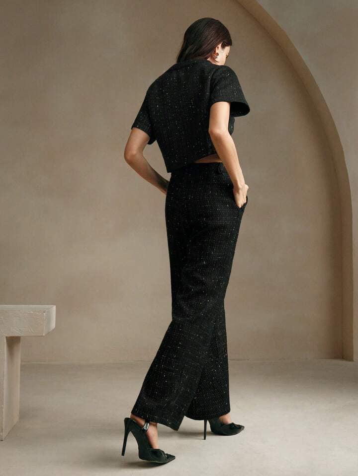 CM-SS052813 Women Elegant Seoul Style Tweed Short Sleeve Jacket With Long Pants Suit - Black