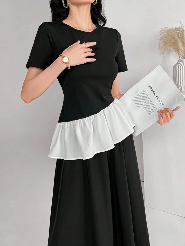 CM-SS255489 Women Casual Seoul Style Crew Neck Short Sleeve Ruffle Hem Top With Long Maxi Skirt - Set