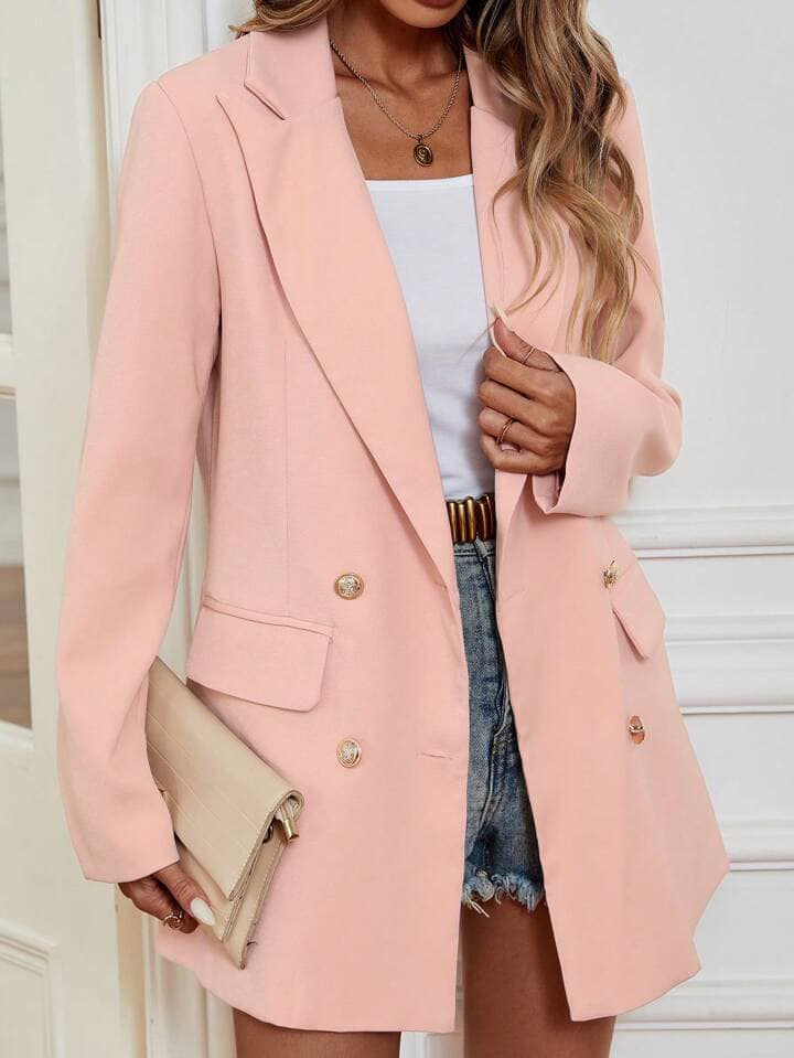CM-CS739333 Women Casual Seoul Style Lapel Neckline Long Sleeve Double Breasted Blazer - Pink