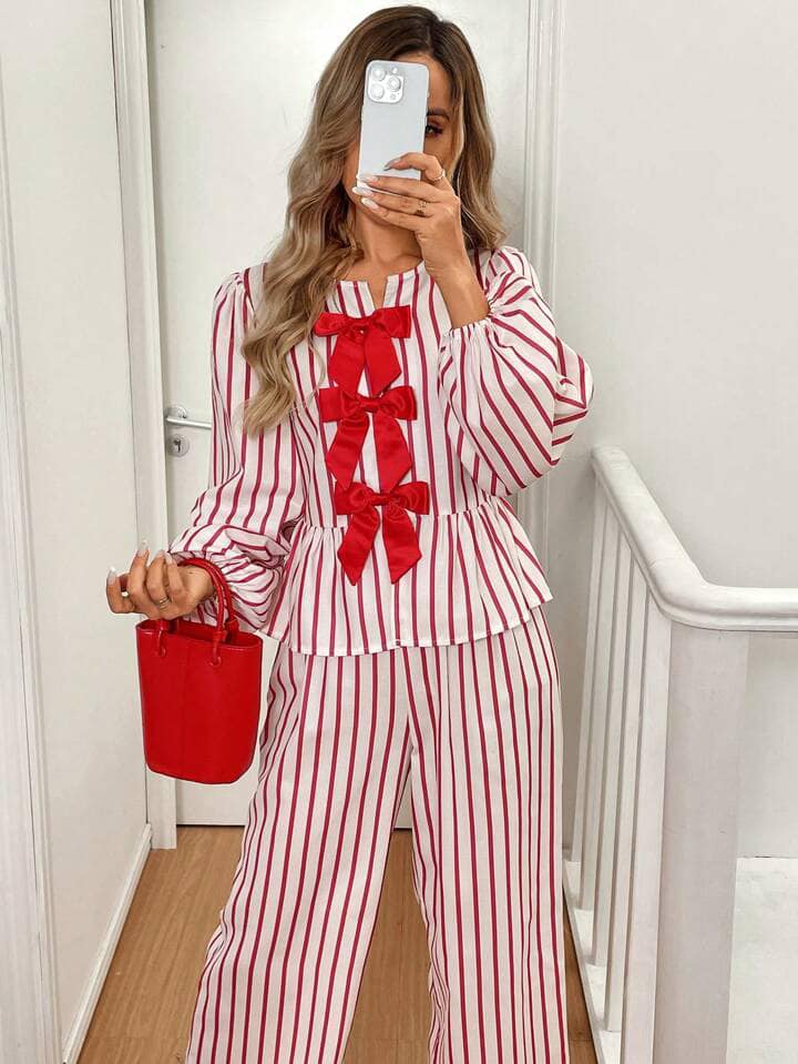 CM-SS085754 Women Trendy Bohemian Style Striped Bow Decor Lantern Sleeve Shirt With Wide-Leg Pants - Set