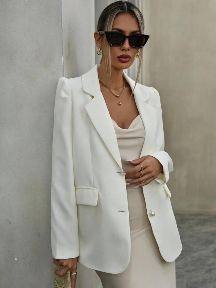 CM-CS977232 Women Casual Seoul Style Pearl Buttoned Puff Sleeve Straight Jacket - White