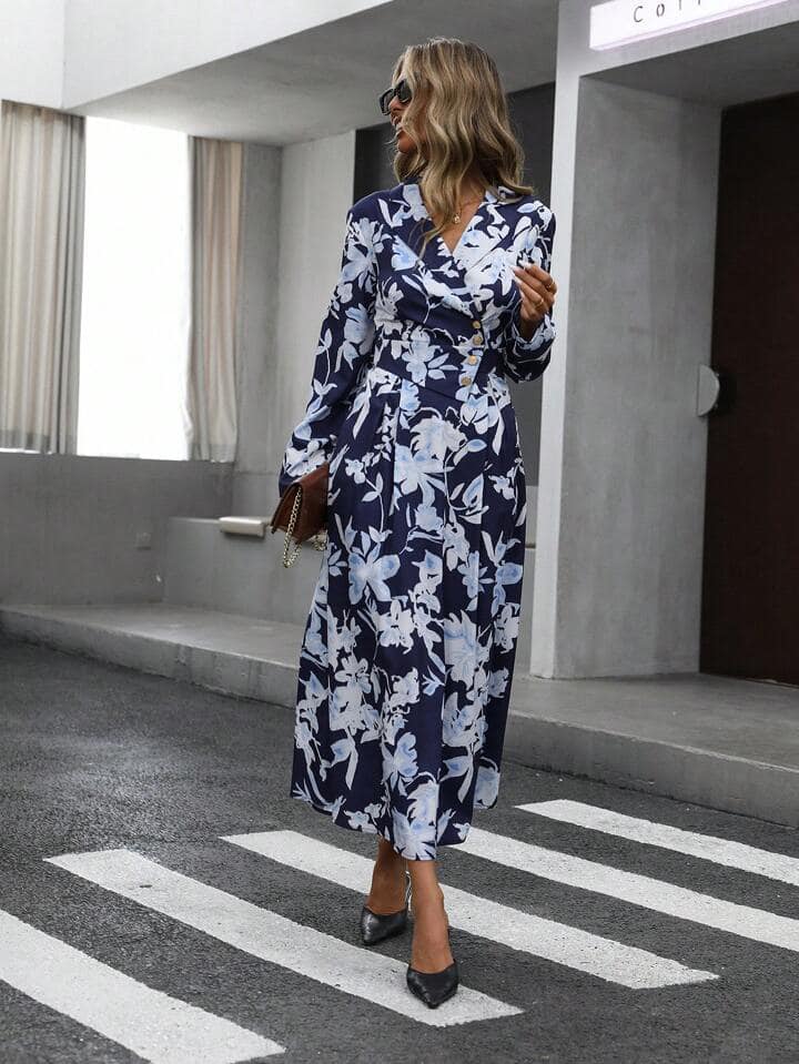 CM-DS189104 Women Elegant Seoul Style Floral Print Wrap Front Cinched Waist Button Dress