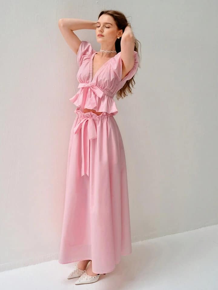 CM-SS599053 Women Elegant Seoul Style Deep V-Neck Short Sleeve Ruffle Blouse With Long Skirt - Set