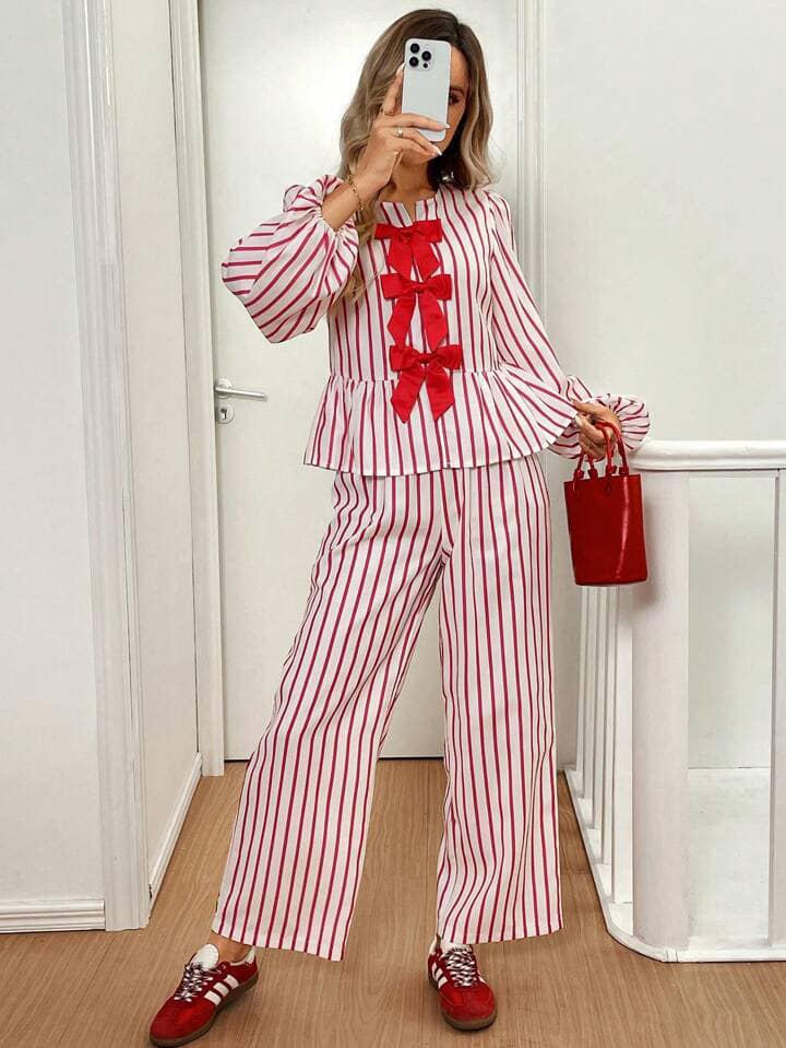 CM-SS085754 Women Trendy Bohemian Style Striped Bow Decor Lantern Sleeve Shirt With Wide-Leg Pants - Set