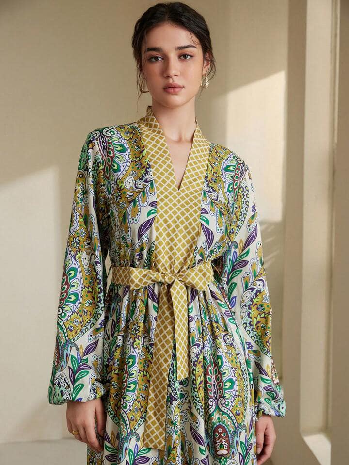 CM-DS234342 Women Trendy Bohemian Style Color-Block Floral Printed V-Neck Puff Sleeve Long Dress