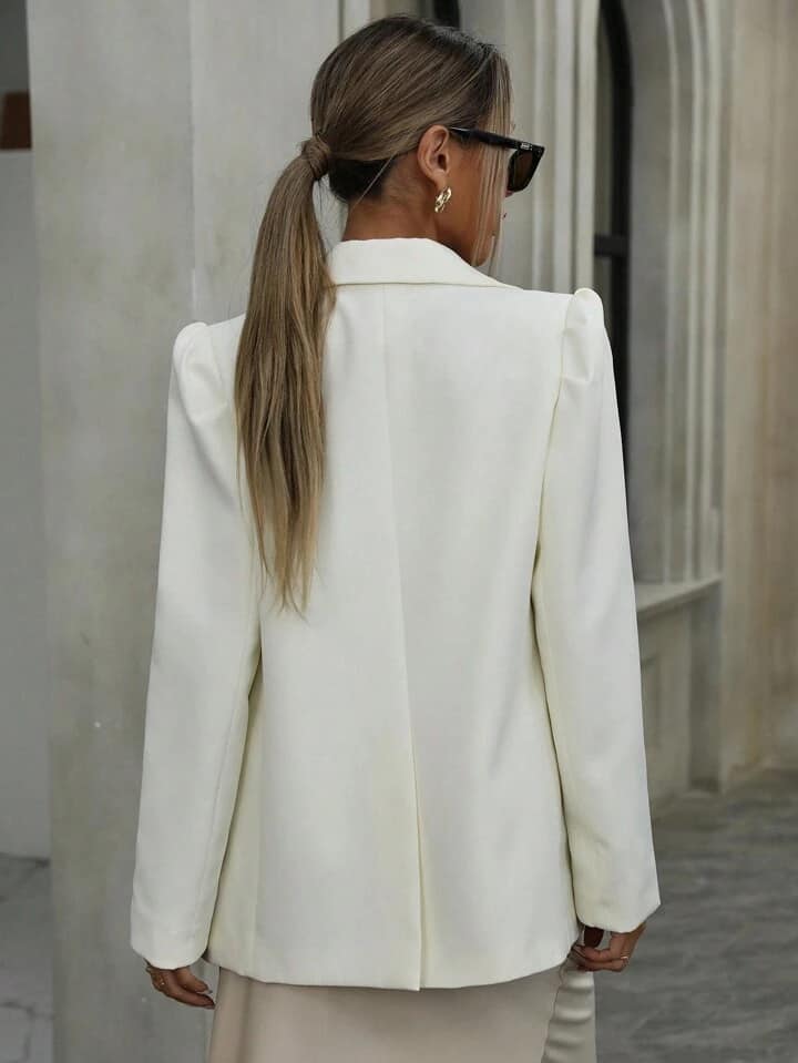 CM-CS977232 Women Casual Seoul Style Pearl Buttoned Puff Sleeve Straight Jacket - White