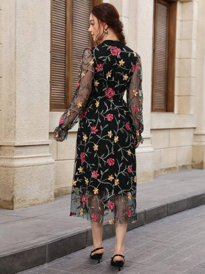 CM-DS336085 Women Elegant Seoul Style Tulle Embroidered Notched Neckline Long Sleeve Dress