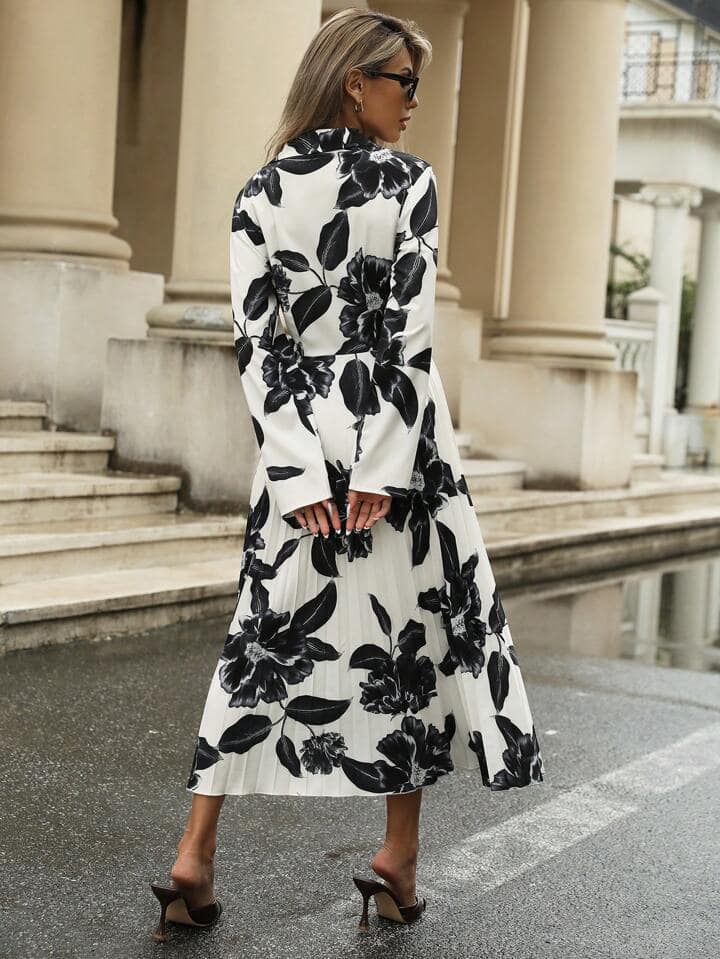 CM-DS184419 Women Casual Seoul Style Random Print Pleated Hem Straight Long Sleeve Dress