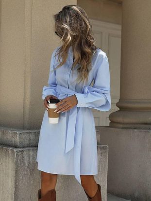 CM-DS531707 Women Casual Seoul Style Stand Collar Cinched Waist Peplum Midi Shirt Dress - Baby Blue