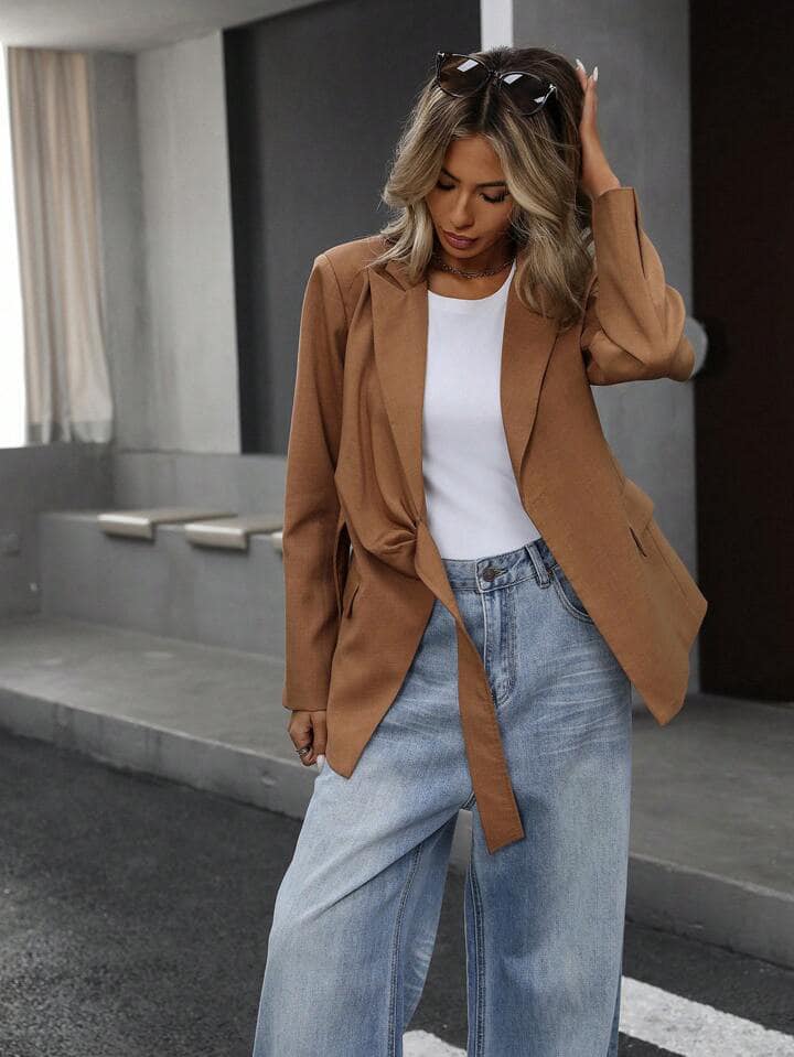 CM-CS867626 Women Elegant European Style Cinched Cinched Waist Front Blazer - Brown