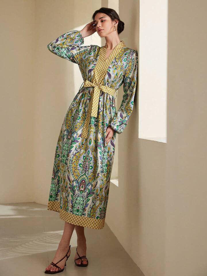 CM-DS234342 Women Trendy Bohemian Style Color-Block Floral Printed V-Neck Puff Sleeve Long Dress
